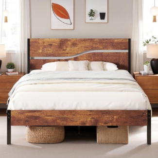 VECELO Bettgestell 140x200 cm Bettrahmen mit Lattenrost, Doppelbett Metallbett mit Dick Holzkopfteil, Modern Gästebett Jugendbett, Perfekt für Erwachsene und Jugendliche, Braun