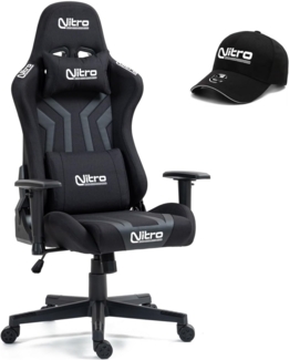 Nitro – Ergonomischer Gaming-Stuhl, Bürostuhl aus Stoff und Kunstleder, verstellbarer Gaming-Stuhl mit Lendenkissen, Kopfstütze, Armlehnen, Hut inklusive, Flyco Pro Schreibtischstuhl (grau/schwarz)