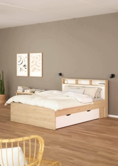 Dmora - Doppelbett Blanchette, Struktur des Lagerbetts, Sommier mit Abdeckung, Bettrahmen aus Stoff, 206x150 h97 cm, Eiche und Weiß