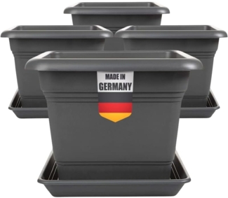 2friends Pflanzkübel 4er Set Anthrazit Pflanzkübel Eckig Blumentopf mit Untersetzer (28T x 28B x 22H cm), Stabile Kübel mit Ablaufsystem für Balkon & Garten