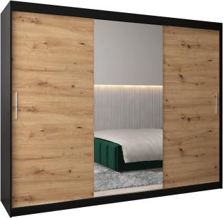 Schwebetürenschrank Tokyo 1-250 cm mit Spiegel Kleiderschrank mit Kleiderstange und Einlegeboden Schlafzimmer- Wohnzimmerschrank Schiebetüren Modern Design (Schwarz + Artisan Eiche)