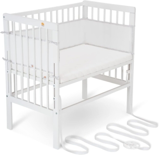 FabiMax Baby Beistellbett für Boxspringbetten, stufenlos höhenverstellbar, Buchenholz massiv weiß lackiert (mit Matratze Air, Weiß/Punkteband)