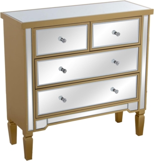 DRW Kommode aus Holz und Spiegel mit 4 Schubladen in Gold und Spiegel, 84 x 33 x 85 cm