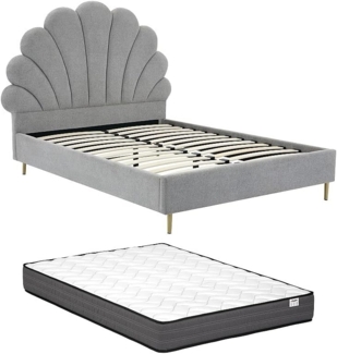 Vente-unique - Bett mit Kopfteil in Muschelform + Matratze - 140 x 190 cm - Stoff - Hellgrau - LIVAYA