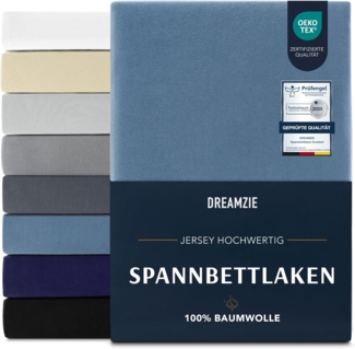 Dreamzie Premium Spannbettlaken 180x200 cm, Spannbetttuch für Dicke Matratzen bis zu 27 cm, Bettlaken 100% Jersey Baumwolle, 150 g/m², Oeko-TEX zertifiziert - Blau