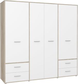 FORTE MOKKARO Schrank 200 210, Kleiderschrank Schlafzimmer Drehtürenschrank Modern, 4-türig mit 4 Schubladen, Einlegeböden und Kleiderstange, Weiß, 206 cm breit x 200 cm hoch x 53 cm tief