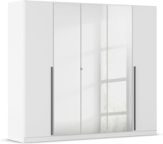 rauch Kleiderschrank Alba, Drehtürenschrank, Garderobenschrank, 5-türig, mit Spiegel, 4 Kleiderstangen, 5 Einlegeböden und Schubladeneinsatz, Farbe Weiß, Griffstange Grau metallic, Schwarz, 226x197x54cm