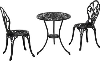 Outsunny Sitzgruppe 3-teilige Essgruppe 1 Tisch+2 Stühle mit Schirmloch Terrasse, (Balkonmöbel-Set, 3-tlg, Gartenmöbel-Set), Aluminium Schwarz Ø60 x 67H cm