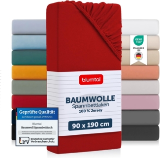 Blumtal® Basics Spannbettlaken für Topper 90x190 cm Jersey - Bettlaken 90x190 cm aus 100% Baumwolle - Oeko-TEX zertifiziertes Spannbetttuch 90x190 cm - Topper Spannbettlaken 90x190 cm - Betttuch - Rot