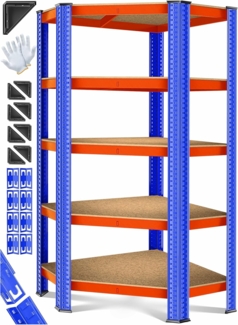 MASKO® Eckregal Lagerregal Schwerlastregal, Kellerregal, 180x75x40cm , bis 875 kg, 5 verstellbare Ablagen, MDF-Platten Regal aus Metall, Steckregal, Werkstattregal, Keller, Garage Orange / Blau