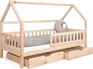 Ehrenkind Hausbett aus nachhaltigem Kiefernholz (mit abnehmbarem Rausfallschutz aus nachhaltigem Holz, Erhältlich in Natur und Weiß Kinderbett 80x160/90x200 cm), höhenverstellbar, nachhaltiges Kiefernholz, hergestellt in Europa