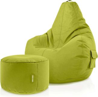 Green Bean© Sitzsack mit Rückenlehne + Hocker "Cozy+Stay" 80 x 70 x 90 cm - Gaming Chair mit 230L Füllung - Bean Bag Lounge Chair Sitzhocker Grün