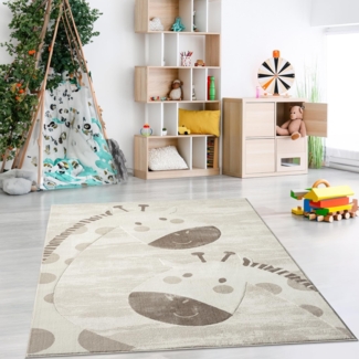 Teppich Kinderzimmer 120x160cm - Pastell Beige Creme - Kurzflor Spielteppich mit niedlichen Giraffen Motiv