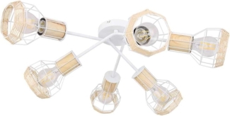 Deckenleuchte, Metall, weiß, Holz, Bast-Schirm, natur