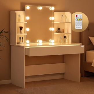 Casaria Schminktisch Lucia mit LED Beleuchtung 140x40 cm Spiegel Schublade 3 Fächer Ablagen Schlafzimmer Frisiertisch Schminkkommode Make-up Holz Weiß