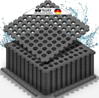 tillvex® Pool Bodenschutzmatte mit Löchern 36 Stück Schwarz | Unterlegmatte für Pool & Planschbecken 51x51 cm | Poolmatte Bodenmatte Outdoor | Poolunterlage Bodenschutz Matten wärmeisolierend | Whirlpool Bodenfolie weich