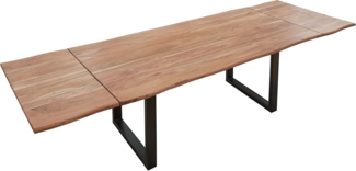 SAM Baumkantentisch 200 (300) x 90 cm Norina by Wolf Möbel, Akazienholz massiv & stonefarben lackiert, Esszimmertisch inkl. 2 Ansteckplatten, echte Baumkante, Esstisch mit U-Metallgestell in Schwarz