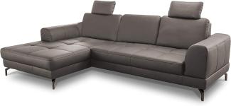 CAVADORE Ledergarnitur Benda / Großes Ecksofa mit XL-Longchair links & Federkern / Inkl. Sitztiefenverstellung & Kopfstützen / 284 x 87 x 175 / Echtleder: graubraun