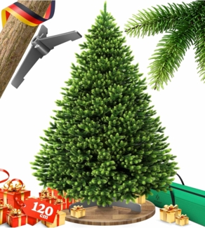 KESSER® Weihnachtsbaum künstlich – wie echt – naturgetreuer Tannenbaum mit Holzständer + Tasche, dichte Zweige, kein Nadeln, realistischer Pine Tree, Christbaum, Dunkelgrün 120 cm, Ohne LED
