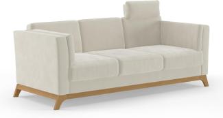 Cavadore 3er-Sofa Vida / 3-Sitzer Couch im trendigen Design mit massivem Holzrahmen in Eiche, Kopfstütze mit Kuschelkissen / 213 x 84 x 93 / Mikrofaser, Naturweiß