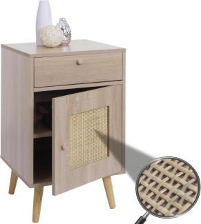 Beistelltisch HWC-M36, Kaffeetisch Nachttisch Loungetisch, Staufächer Schublade, Kubu Rattan Holz Melamin, Eiche-Optik