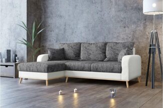 Stylefy Ontario Ecksofa Strukturstoff BERLIN Kunstleder MADRYT Grau Weiß Links