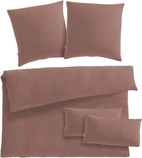Pure Label Musselin Bettwäsche 200x220 5teilig bestehend aus einem Bettbezug 200x220 cm + Kissenbezug 80x80 2er Set + 40x80 Kissenbezug 2er Set aus Baumwolle - Kuschelige Bettwäsche in braun
