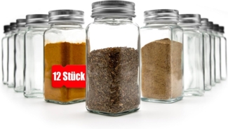 BigDean 12er Set Gewürzgläser eckig - luftdichte Gewürzdosen lebensmittelecht mit zwei Streueinsätzen - ideal für Gewürzaufbewahrung