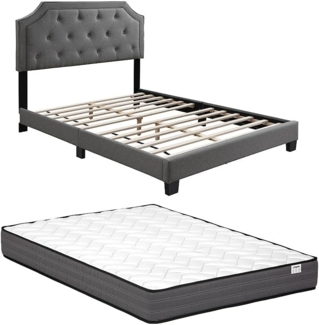 Vente-unique - Bett 140 x 190 cm mit gepolstertem Kopfteil + Matratze - Hellgrau - ANDEYO