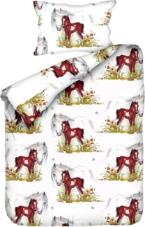 JACK Babybettwäsche 100x135cm, Pferd Mama und Fohlen mit RV, Biber, 2 teilig, süßes Kindermotiv mit Pferdemama und Fohlen