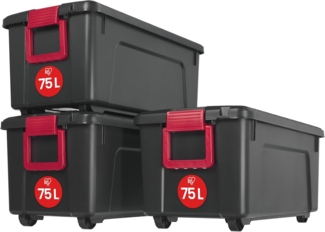 Iris Ohyama, große Kunststoff-Aufbewahrungsbox, 75 l Garagen-Aufbewahrungsbox, 3er-Set, SIA-75, schwarz, stapelbar, Verschlussklammern – B78 x T39,5 x H35 cm