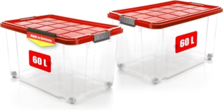 BigDean 2 Stück 60 L Aufbewahrungsbox mit Deckel groß rot - stapelbare robuste Box rollbare Stapelbox mit festen Klickverschlüssen - Made in Germany