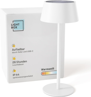 Lightbox LED Außen Tischlampe | Ø 13 cm | kabellose Outdoor Lampe mit Solar | 3 Stufen Touch Dimmer | Akku-betriebene Tischleuchte (4 W, 300 lm, 3000 K) aus Metall/Kunststoff in Weiß | Balkon Deko