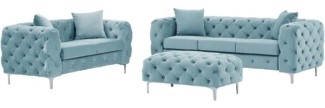 Vente-unique - Chesterfield-Sofa 3-Sitzer, 2-Sitzer & Chesterfield-Hocker - Samt - Pastellblau - EDWINA