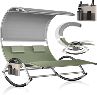 KESSER® Doppel-Sonnenliege Doppelliege | mit Sonnendach , Kopfkissen Tasche | für 2 Personen | Relaxliege | Gartenliege | Schaukelliege ergonomisch geformte Liegefläche | 240 kg Belastung | Khaki / Grau