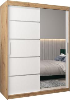 Schwebetürenschrank Verona 2-150 cm mit Spiegel Kleiderschrank mit Kleiderstange und Einlegeboden Schlafzimmer- Wohnzimmerschrank Schiebetüren Modern Design (Artisan Eiche + Weiß)