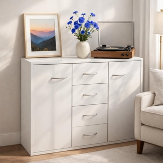 DUMOS Kommode mit 4 Schubladen, Weiß Sideboard mit Großer Kapazität, Kratzfest und wasserdicht komodenschrank, Moderne Schubladen kommoden für Wohnzimmer, Schlafzimmer & Kinderzimmer 88 x 30 x 63.5 cm