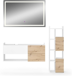 Vicco Badmöbel-Set Alf, Weiß Artisan Eiche, Badezimmer, moderne Badserie, Waschtischunterschrank, LED-Spiegel, Hochschrank