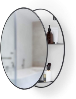 Umbra Cirko Spiegel mit Ablage, Badezimmerspiegel, Spiegelschrank, Schminkspiegel, Wandspiegel, Flurspiegel, Schwarz, Stahl, Ø 57 cm, 1013194-040