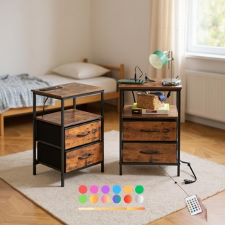 FurnitureR 2 x Nachttische für Jugendliche, Beistelltisch mit Mehreren Farben, 2 AC Sockets, 2 USB-Anschlüsse für Drawers, 2 Schubladen aus Stoff, industrieller Retro-Stil, Braun, 40 x 30 x 60 cm