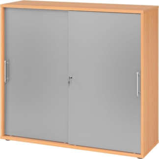 bümö® Schiebetürenschrank mit Schloss | Aktenschrank abschließbar für Ordner | Büroschrank mit Schiebetüren für Akten in Buche/Silber