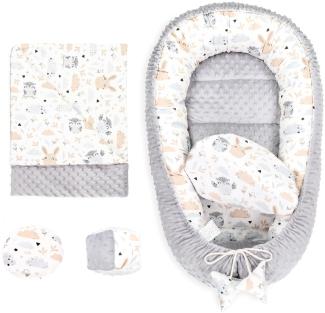 Babynestchen Set Neugeborene 90x50 cm Minky - Kuschelnest Baby Nestchen 5-teilig Kokon Eule Hellgrau