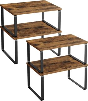 Songmics Gewürzregal, 2er Set, Küchenregal, Küchen-Organizer, erweiterbar, Gewürzhalter, stapelbar, aus Metall und Spanplatten, tintenschwarz-vintagebraun KCS020X01