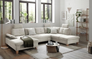 Wohnlandschaft Ascot mit Cord-Bezug und Schlaffunktion in Creme, U-Form inkl. Kopfstützen, Bettkasten und Verstellbarer Armlehne - 324 x 107 x 218 cm (B/H/T)