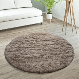 Paco Home Hochflor Teppich Wohnzimmer rutschfest Fellteppich Shaggy Flauschig Weich Modern Kunstfell Fell Imitat Einfarbig, Grösse:200 cm Rund, Farbe:Taupe