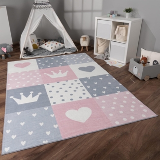 Paco Home Teppich Kinderzimmer Kinderteppich Spielteppich Kurzflor rutschfest Krone Herzen Punkte Sonne Regenbogen Buchstaben, Grösse:160x220 cm, Farbe: Creme Rosa Grau