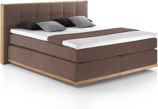 Mivano Levana Boxspringbett mit Sockel aus Eiche, 7-Zonen-Federkern, Matratzen H3/H4 + Topper Premium, Mikrofaser, Braun, Liegefläche 200 x 200 cm