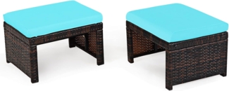 COSTWAY 2er Set Outdoor Rattan Hocker, Rattan Ottomanen, Fußhocker mit weichem Kissen, Rattentisch mit hochdichter Schaumstoff, Gartenhocker Gartentisch für Terrasse Garten Pool (Türkis)