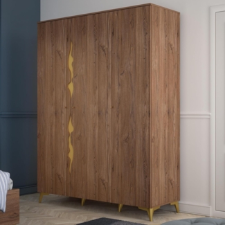 FORTE Kenyatta Kleiderschrank 150, Eleganter Schrank mit Golddetails, 3-türig, Holzwerkstoff, Colonial Eiche/Gold, 149,6 cm breit, 197,8 cm hoch, 52 cm tief