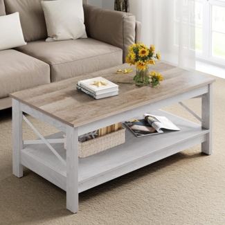 YITAHOME Couchtisch, Wohnzimmertisch, 2-stöckiger Dicker Holz Rechteckiger Couchtisch, X-Form Metal Side Support, Stabil 100 x 55,3 x 45cM (Weiß+Grau)